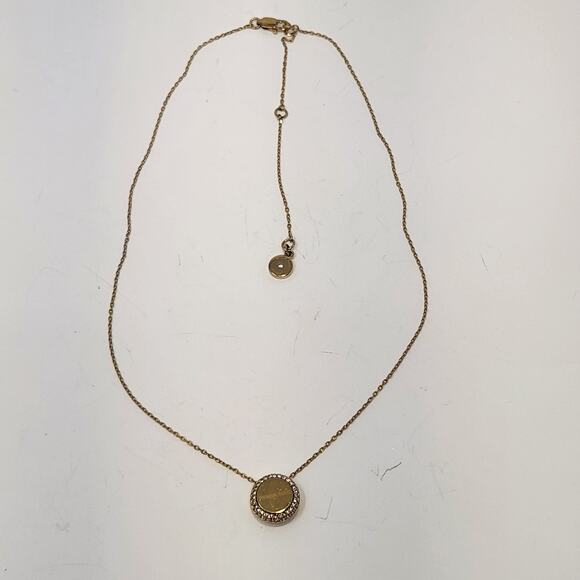 Michael Kors Logo Crystal Pave Round Pendant Chain Necklace Gold Tone Adjustable - Picture 3 of 7